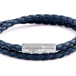 Double Wrap Slim Pop Bracelet In Navy Leather With Silver Clasp - Navy
